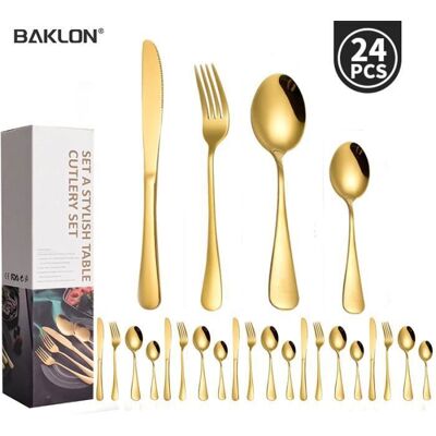Couverts de Table - BAKLON - Ensemble de 24 Pièces - Acier Inoxydable - Finition Miroir - Pour 6 Personnes Blanc - Publicité Couverts de Table - BAKLON - Ensemble de 24 Pièces - Acier Inoxydable - Finition Miroir - Pour 6 Personnes Blanc - Publicité