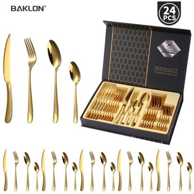 BAKLON - Ensemble de couverts 24 pièces en acier inoxydable pour 6 personnes finition or avec coffret cadeau Blanc - Publicité BAKLON - Ensemble de couverts 24 pièces en acier inoxydable pour 6 personnes finition or avec coffret cadeau Blanc - Publicité
