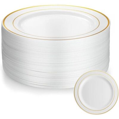 50 Pièces Assiette 20cm Assiette Plastique Reutilisable Avec Bordure Dorée Assiettes en Plastique Blanc Assiettes pour Mariages - Publicité 50 Pièces Assiette 20cm Assiette Plastique Reutilisable Avec Bordure Dorée Assiettes en Plastique Blanc Assiettes pour Mariages - Publicité
