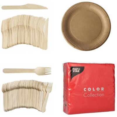 PACKADI Set de vaisselle jetable - 50 assiettes en carton couverts en bois et serviettes 32x32cm - Publicité PACKADI Set de vaisselle jetable - 50 assiettes en carton couverts en bois et serviettes 32x32cm - Publicité