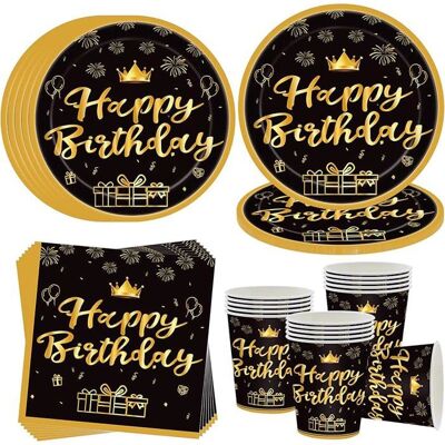 KJEHOME Service de fête noir et doré pour 16 invités - Assiette de fête « Happy Birthday » avec assiette anniversaire noir et doré Noir - Publicité KJEHOME Service de fête noir et doré pour 16 invités - Assiette de fête « Happy Birthday » avec assiette anniversaire noir et doré Noir - Publicité