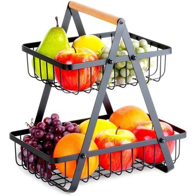 VILDE Panier à fruits 2 Étages - Corbeille à Fruits - Métal noir mat - avec poignées en bois - 27x175x29 cm Noir - Publicité VILDE Panier à fruits 2 Étages - Corbeille à Fruits - Métal noir mat - avec poignées en bois - 27x175x29 cm Noir - Publicité