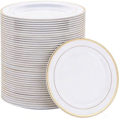 JBNIUAY Assiettes Réutilisables en Plastique 26 cm - Lot de 40 - Design Blanc et Or pour Fêtes et Événements - Publicité JBNIUAY Assiettes Réutilisables en Plastique 26 cm - Lot de 40 - Design Blanc et Or pour Fêtes et Événements - Publicité