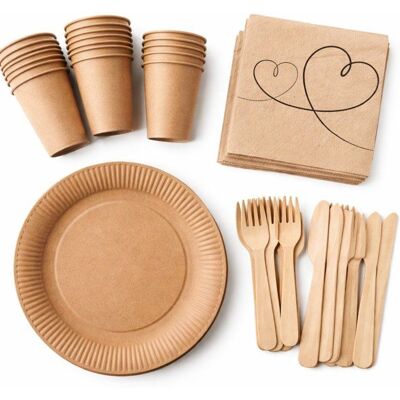 PACKADI Service vaisselle jetable 20 pers. : 20 assiettes 23 cm 20 gobelets 240 ml couverts bois et serviettes « Love » écologiques. Publicité PACKADI Service vaisselle jetable 20 pers. : 20 assiettes 23 cm 20 gobelets 240 ml couverts bois et serviettes « Love » écologiques. Publicité