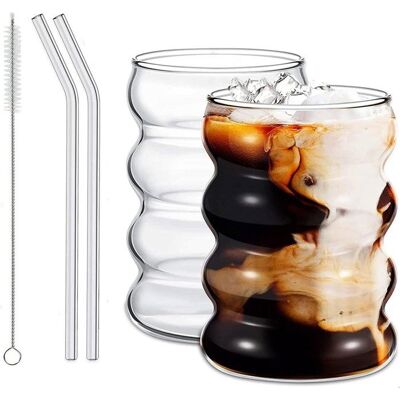Lot de 2 Verres à Bulles Ondulé 350ML - avec pailles en verre et Brosse - pour Matcha Latte et Café Glacé Blanc - Publicité Lot de 2 Verres à Bulles Ondulé 350ML - avec pailles en verre et Brosse - pour Matcha Latte et Café Glacé Blanc - Publicité