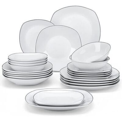 MALACASA Vaisselle ELISA-BT Service Complet de Table 24 Pièces pour 6 Personnes avec Bord Noir - Gris Blanc Blanc - Publicité MALACASA Vaisselle ELISA-BT Service Complet de Table 24 Pièces pour 6 Personnes avec Bord Noir - Gris Blanc Blanc - Publicité
