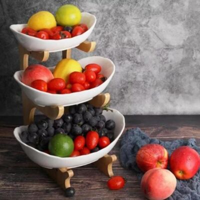 Corbeille à fruits en céramique à 3 étagessupport en bambou naturel comptoir et organisateur pour légumes et fruits-XJING Blanc - Publicité Corbeille à fruits en céramique à 3 étagessupport en bambou naturel comptoir et organisateur pour légumes et fruits-XJING Blanc - Publicité