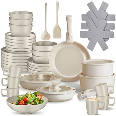 Batterie de cuisine - TECTAKE - Set de cuisine en aluminium inoxydable et grès émaillé pour 6 personnes 46 pièces - Taupe/Blanc Marron - Publicité Batterie de cuisine - TECTAKE - Set de cuisine en aluminium inoxydable et grès émaillé pour 6 personnes 46 pièces - Taupe/Blanc Marron - Publicité