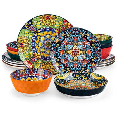 vancasso Vaisselle Série SiMi 16pcs Service de Table colorée Bohème avec Assiettes Plates Desserts Creuses et Bols - pour 4 - Publicité vancasso Vaisselle Série SiMi 16pcs Service de Table colorée Bohème avec Assiettes Plates Desserts Creuses et Bols - pour 4 - Publicité