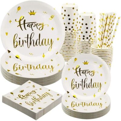 ZGEER Vaisselle jetable - Anniversaire - Blanc et Or - 100 pièces - 20 invités - Assiettes et gobelets Blanc - Publicité ZGEER Vaisselle jetable - Anniversaire - Blanc et Or - 100 pièces - 20 invités - Assiettes et gobelets Blanc - Publicité