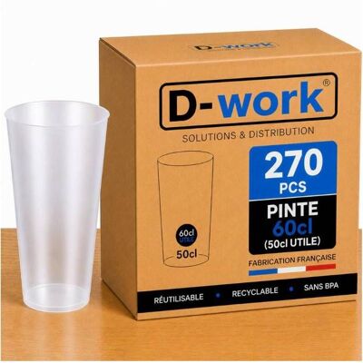 Lot de Verres Gobelets PINTE 60 cl (50 utile) Réutilisable et Recyclable en Polypropylène sans BPA - Translucide - D-Work Blanc - Publicité Lot de Verres Gobelets PINTE 60 cl (50 utile) Réutilisable et Recyclable en Polypropylène sans BPA - Translucide - D-Work Blanc - Publicité