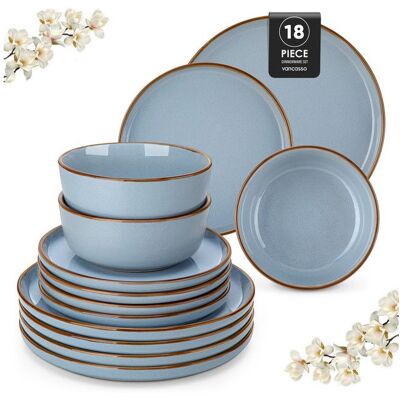 vancasso Vaiselle LOIRE 18 Pièces Assiettes Service Complet Glaçure au Sésame Brillant 6 Personnes - Bleu Bleu - Publicité vancasso Vaiselle LOIRE 18 Pièces Assiettes Service Complet Glaçure au Sésame Brillant 6 Personnes - Bleu Bleu - Publicité