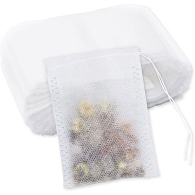 Lot de 100 sachets de thé vides réutilisables 7 x 9 cm avec cordon de serrage petits sachets en mousseline filtre à thé - Publicité Lot de 100 sachets de thé vides réutilisables 7 x 9 cm avec cordon de serrage petits sachets en mousseline filtre à thé - Publicité