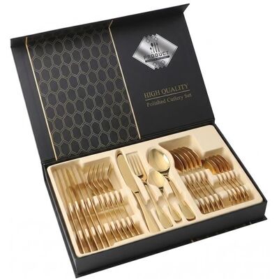 Ensemble de couverts 24 pièces - Portugaise - Inox 304 - Finition brossée or - Coffret cadeau Orange - Publicité Ensemble de couverts 24 pièces - Portugaise - Inox 304 - Finition brossée or - Coffret cadeau Orange - Publicité