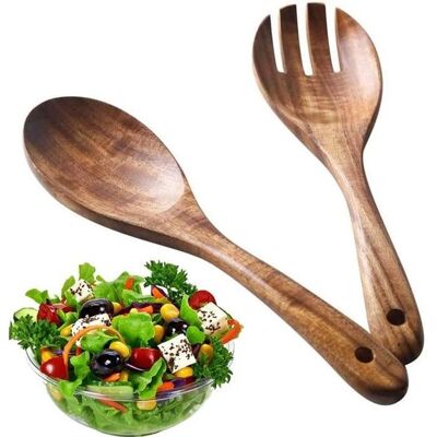 Ustensiles de Cuisine - Couverts à Salade en Bois - 2 pièces - Bois dacacia - Réutilisables - Design Élégant Marron - Publicité Ustensiles de Cuisine - Couverts à Salade en Bois - 2 pièces - Bois dacacia - Réutilisables - Design Élégant Marron - Publicité