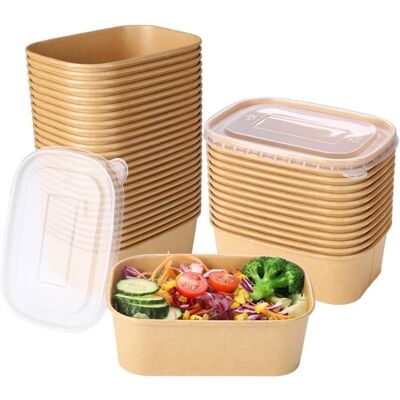 Lot de 50 bols jetables en papier kraft avec couvercles Récipients alimentaires en papier 750 ml 17.2*12*5.7CM - Publicité Lot de 50 bols jetables en papier kraft avec couvercles Récipients alimentaires en papier 750 ml 17.2*12*5.7CM - Publicité
