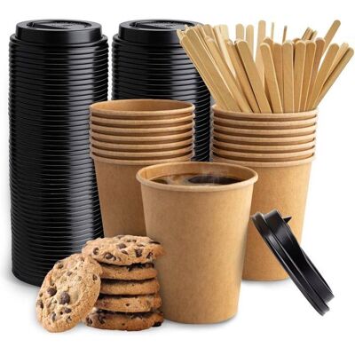 PACKADI 100 gobelets à café 240 ml (8 oz) marron et noir avec couvercles et agitateurs (sans biscuits) - Gobelets jetables en carton kraft Marron - Publicité PACKADI 100 gobelets à café 240 ml (8 oz) marron et noir avec couvercles et agitateurs (sans biscuits) - Gobelets jetables en carton kraft Marron - Publicité