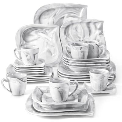 MALACASA Assiette Série ELVIRA 30 pièces Service de Table Porcelaine Marbre Le dessin de motif deau grise lisse - Gris Gris - Publicité MALACASA Assiette Série ELVIRA 30 pièces Service de Table Porcelaine Marbre Le dessin de motif deau grise lisse - Gris Gris - Publicité