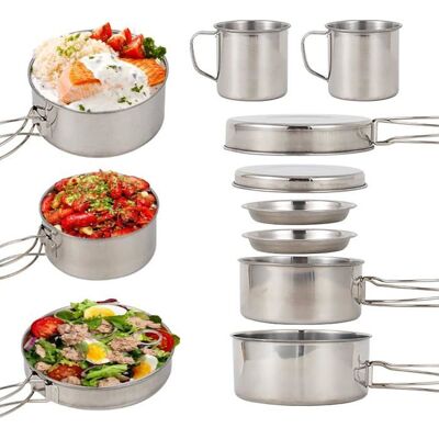 NOBRAND 8pcs batterie de cuisine de camping en acier inoxydable ensemble de couverts avec assiettes tasses adapté au camping en plein air - Publicité NOBRAND 8pcs batterie de cuisine de camping en acier inoxydable ensemble de couverts avec assiettes tasses adapté au camping en plein air - Publicité