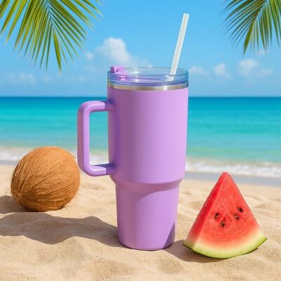 EXCELLENT HOUSEWARE Mug Thermique 1100ml avec Paille et Poignée – Étanche et Lavable - Couleur Violet Violet - Publicité EXCELLENT HOUSEWARE Mug Thermique 1100ml avec Paille et Poignée – Étanche et Lavable - Couleur Violet Violet - Publicité