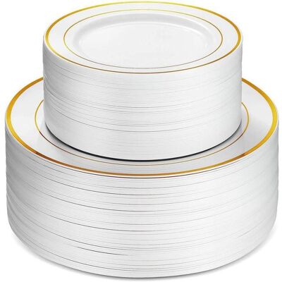 EINNENFFER Lot de 50 assiettes plates en plastique avec bordure argentée et dorée 25 assiettes plates de 15 cm et 25 assiettes à salade de 23 Blanc - Publicité EINNENFFER Lot de 50 assiettes plates en plastique avec bordure argentée et dorée 25 assiettes plates de 15 cm et 25 assiettes à salade de 23 Blanc - Publicité