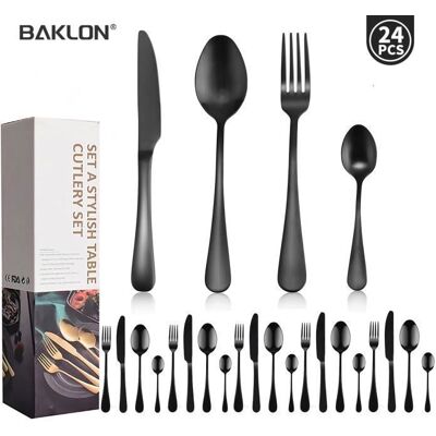 BAKLON Couverts de Table - Inox - 24 Pièces - Poli Miroir - Usage Quotidien - Noir Noir - Publicité BAKLON Couverts de Table - Inox - 24 Pièces - Poli Miroir - Usage Quotidien - Noir Noir - Publicité