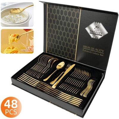 Ménagère 48 Pièces - 7MAGIC - Acier Inoxydable - Pour 12 Personnes - Couleur Or - Boîte Cadeau Blanc - Publicité Ménagère 48 Pièces - 7MAGIC - Acier Inoxydable - Pour 12 Personnes - Couleur Or - Boîte Cadeau Blanc - Publicité