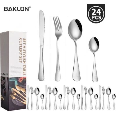 BAKLON Ensemble de Couverts de Table 24 Pièces pour 6 Personnes en Acier Inoxydable. Épaisseur 3 mm et Poli Miroir. Design Moderne Blanc - Publicité BAKLON Ensemble de Couverts de Table 24 Pièces pour 6 Personnes en Acier Inoxydable. Épaisseur 3 mm et Poli Miroir. Design Moderne Blanc - Publicité