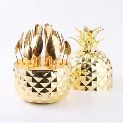 Ensemble de vaisselle 24 pièces - Modèle Ananas - Inox poli miroir - Boîte ananas amovible - Or compatible lave-vaisselle Orange - Publicité Ensemble de vaisselle 24 pièces - Modèle Ananas - Inox poli miroir - Boîte ananas amovible - Or compatible lave-vaisselle Orange - Publicité