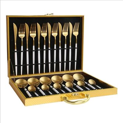 WOVTE Ensemble de Coutellerie couverts de table 24 pcs acier inoxydable - fourchette à cuillère - Blanc + or Blanc - Publicité WOVTE Ensemble de Coutellerie couverts de table 24 pcs acier inoxydable - fourchette à cuillère - Blanc + or Blanc - Publicité