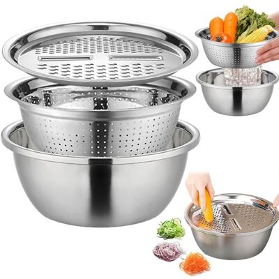 DOK Ensemble de bassins multifonctions acier inoxydable 3-en-1 passoire essoreuse salade et râpe pour légumes fruits riz cuisine - Publicité DOK Ensemble de bassins multifonctions acier inoxydable 3-en-1 passoire essoreuse salade et râpe pour légumes fruits riz cuisine - Publicité