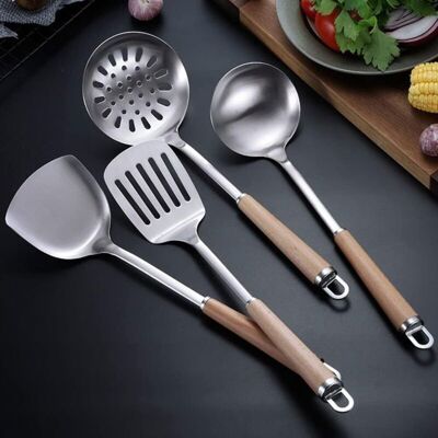 DELIAC Lot de 4 ustensiles de cuisine en acier inoxydable 304 avec long manche en bois résistant à la chaleur. (4 poignées rondes) - Publicité DELIAC Lot de 4 ustensiles de cuisine en acier inoxydable 304 avec long manche en bois résistant à la chaleur. (4 poignées rondes) - Publicité