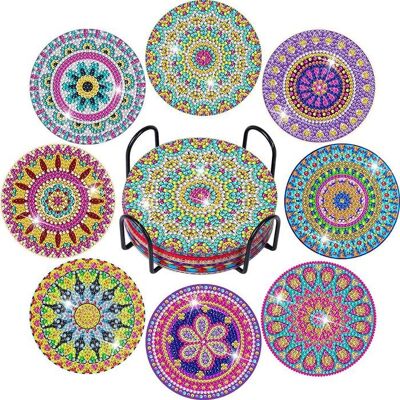 AUCUNELY Lot de 8 sous-verres à boissons avec peinture diamant et support Noir - Publicité AUCUNELY Lot de 8 sous-verres à boissons avec peinture diamant et support Noir - Publicité