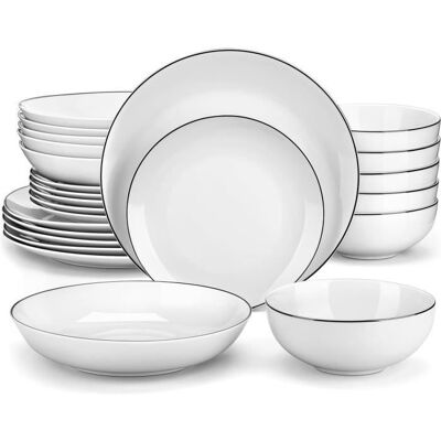 MALACASA Vaisselle AMELIA-BT Service Complet de Table 24 pièces Rond en Porcelaine avec bord Noir pour 6 personnes - Blanc Blanc - Publicité MALACASA Vaisselle AMELIA-BT Service Complet de Table 24 pièces Rond en Porcelaine avec bord Noir pour 6 personnes - Blanc Blanc - Publicité