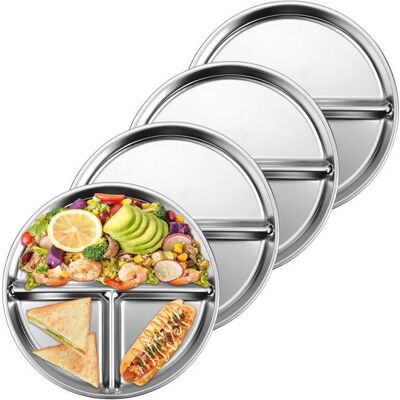 Lot de 4 assiettes inox 20 cm pour enfants/adultes compartimentées. Publicité Lot de 4 assiettes inox 20 cm pour enfants/adultes compartimentées. Publicité