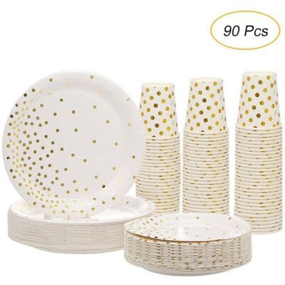 LIU Assiette Jetable Doré 90 pcs Kit Vaisselle Jetable Gobelets Jetables Grandes Assiettes Assiettes à Dessert Tasse de Papier pour - Publicité LIU Assiette Jetable Doré 90 pcs Kit Vaisselle Jetable Gobelets Jetables Grandes Assiettes Assiettes à Dessert Tasse de Papier pour - Publicité