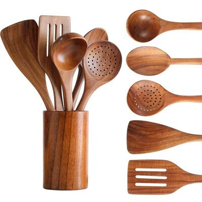 ZHIJIE SARL Lot de 6 cuillères en bois pour la cuisine ustensiles de cuisine spatules de cuisine en bois de teck naturel avec support Marron - Publicité ZHIJIE SARL Lot de 6 cuillères en bois pour la cuisine ustensiles de cuisine spatules de cuisine en bois de teck naturel avec support Marron - Publicité