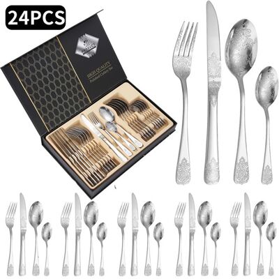 FIVEFINE 24 Pièces Ménagère Couverts Ménagère Cuillère Fourchette Couverts de Table en 304 Acier Inoxydable Avec Coffret Cadeau - Argent - Publicité FIVEFINE 24 Pièces Ménagère Couverts Ménagère Cuillère Fourchette Couverts de Table en 304 Acier Inoxydable Avec Coffret Cadeau - Argent - Publicité