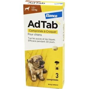Elanco ELANCO Adtab Comprimés Antiparasitaires - Contrôle des Puces et Tiques pour Chiens 56 Mg - 3 Comprimés - Publicité Elanco ELANCO Adtab Comprimés Antiparasitaires - Contrôle des Puces et Tiques pour Chiens 56 Mg - 3 Comprimés - Publicité