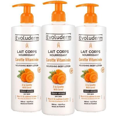 EVOLUDERM - Lot de 3 Laits Corps Carotte Vitaminée - 3x500ml - Ingrédients dOrigine Naturelle - Publicité EVOLUDERM - Lot de 3 Laits Corps Carotte Vitaminée - 3x500ml - Ingrédients dOrigine Naturelle - Publicité