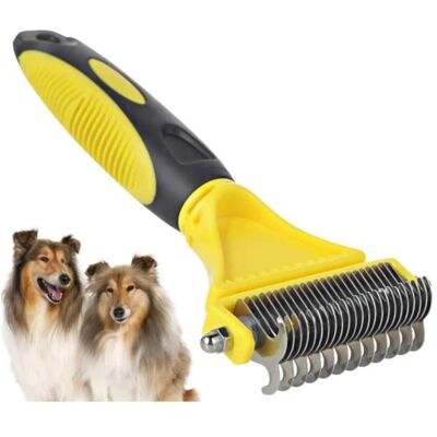 Brosse pour chien et chat - Brosse double face - Outil 2 en 1 - Brossage efficace - Coupe sous-poil et tapis Jaune - Publicité Brosse pour chien et chat - Brosse double face - Outil 2 en 1 - Brossage efficace - Coupe sous-poil et tapis Jaune - Publicité