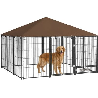 Chenil pour chiens - PawHut - pour extérieur - avec support gamelle et toit - en acier et tissu Oxford - 211 x 211 x 151 cm - noir Marron - Publicité Chenil pour chiens - PawHut - pour extérieur - avec support gamelle et toit - en acier et tissu Oxford - 211 x 211 x 151 cm - noir Marron - Publicité