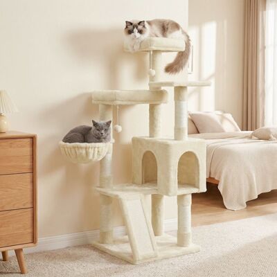 FEANDREA Arbre à chat avec 3 Plateformes Maison et Panier Griffoir pour Salon Hauteur 136 cm Beige Beige - Publicité FEANDREA Arbre à chat avec 3 Plateformes Maison et Panier Griffoir pour Salon Hauteur 136 cm Beige Beige - Publicité