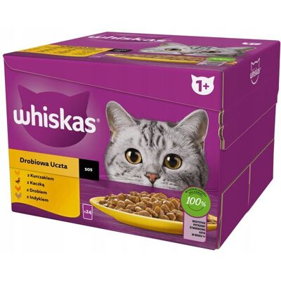 Nourriture pour chats Whiskas Festin de volaille - Poulet, Dinde, Canard - 24x85g - Publicité Nourriture pour chats Whiskas Festin de volaille - Poulet, Dinde, Canard - 24x85g - Publicité