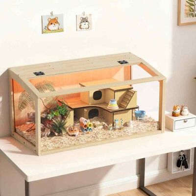 Cage à hamster - BingoPaw - Cage pour rongeurs avec couvercle ouvrable fenêtre en Verre Trempé - 80x40x40cm - Bois Naturel Beige - Publicité Cage à hamster - BingoPaw - Cage pour rongeurs avec couvercle ouvrable fenêtre en Verre Trempé - 80x40x40cm - Bois Naturel Beige - Publicité