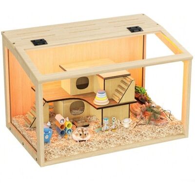Cage à hamster - BingoPaw - Cage pour rongeurs avec couvercle ouvrable fenêtre en Verre Trempé - 60x40x40cm - Bois Naturel Beige - Publicité Cage à hamster - BingoPaw - Cage pour rongeurs avec couvercle ouvrable fenêtre en Verre Trempé - 60x40x40cm - Bois Naturel Beige - Publicité