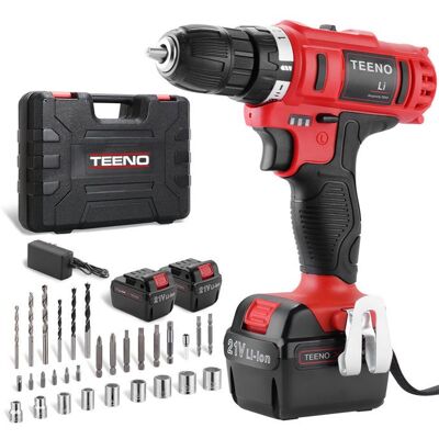 Perceuse visseuse sans fil TEENO - 21V - 2 batteries Lithium + 41 accessoires + gants professionnels Rouge - Publicité Perceuse visseuse sans fil TEENO - 21V - 2 batteries Lithium + 41 accessoires + gants professionnels Rouge - Publicité