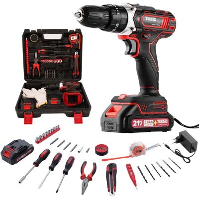 Perceuse visseuse sans fil - TEENO - 21V - 45 Nm - 2x2Ah - 46 accessoires Rouge - Publicité Perceuse visseuse sans fil - TEENO - 21V - 45 Nm - 2x2Ah - 46 accessoires Rouge - Publicité