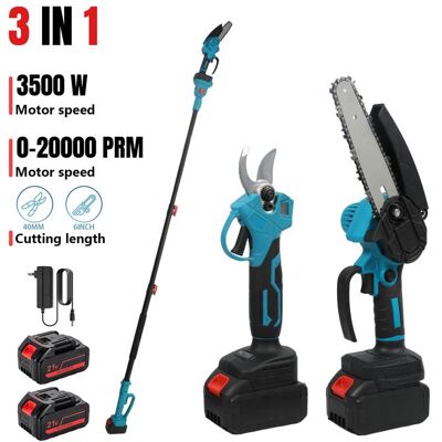 UVERBON Tronçonneuse électrique 3 en 1 de 6 pouces pour branches hautes avec 2 batteries un sécateur de 40 mm et une perche télescopique. Bleu - Publicité UVERBON Tronçonneuse électrique 3 en 1 de 6 pouces pour branches hautes avec 2 batteries un sécateur de 40 mm et une perche télescopique. Bleu - Publicité
