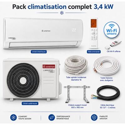 Pack climatisation monosplit Alys Ariston 34 kW + kit installation Blanc - Publicité Pack climatisation monosplit Alys Ariston 34 kW + kit installation Blanc - Publicité